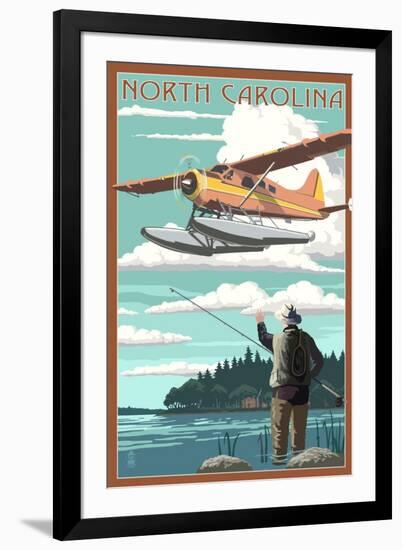 North Carolina - Float Plane and Fisherman-Lantern Press-Framed Art Print