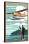 North Carolina - Float Plane and Fisherman-Lantern Press-Stretched Canvas