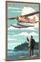 North Carolina - Float Plane and Fisherman-Lantern Press-Mounted Art Print