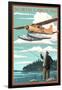 North Carolina - Float Plane and Fisherman-Lantern Press-Framed Art Print