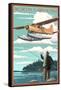 North Carolina - Float Plane and Fisherman-Lantern Press-Framed Stretched Canvas