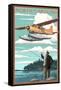 North Carolina - Float Plane and Fisherman-Lantern Press-Framed Stretched Canvas