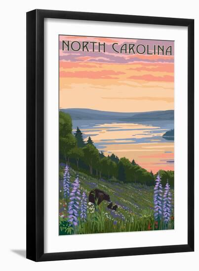 North Carolina - Lake and Bear Family-Lantern Press-Framed Art Print