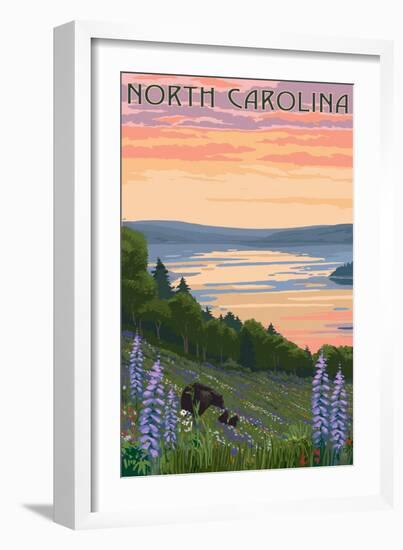 North Carolina - Lake and Bear Family-Lantern Press-Framed Art Print