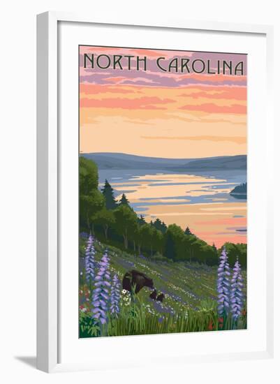 North Carolina - Lake and Bear Family-Lantern Press-Framed Art Print