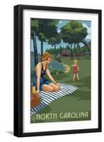 North Carolina - Lake and Picnic Scene-Lantern Press-Framed Art Print