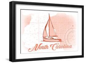 North Carolina - Sailboat - Coral - Coastal Icon-Lantern Press-Framed Art Print