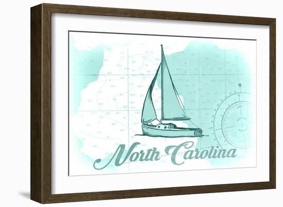 North Carolina - Sailboat - Teal - Coastal Icon-Lantern Press-Framed Art Print