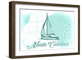 North Carolina - Sailboat - Teal - Coastal Icon-Lantern Press-Framed Art Print