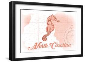 North Carolina - Seahorse - Coral - Coastal Icon-Lantern Press-Framed Art Print