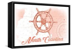 North Carolina - Ship Wheel - Coral - Coastal Icon-Lantern Press-Framed Stretched Canvas