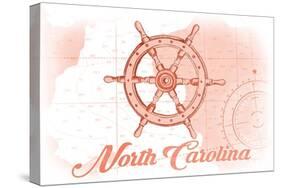 North Carolina - Ship Wheel - Coral - Coastal Icon-Lantern Press-Stretched Canvas