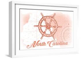 North Carolina - Ship Wheel - Coral - Coastal Icon-Lantern Press-Framed Art Print