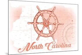 North Carolina - Ship Wheel - Coral - Coastal Icon-Lantern Press-Mounted Premium Giclee Print