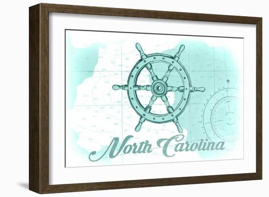 North Carolina - Ship Wheel - Teal - Coastal Icon-Lantern Press-Framed Art Print