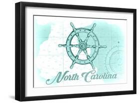 North Carolina - Ship Wheel - Teal - Coastal Icon-Lantern Press-Framed Art Print