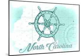 North Carolina - Ship Wheel - Teal - Coastal Icon-Lantern Press-Mounted Art Print