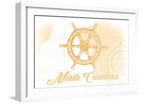 North Carolina - Ship Wheel - Yellow - Coastal Icon-Lantern Press-Framed Art Print