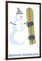 North Carolina, Snowman with Snowboard-Lantern Press-Framed Art Print