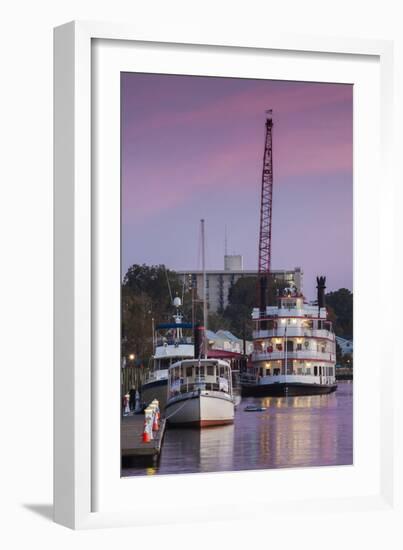 North Carolina, Wilmington, River Boats on the Cape Fear River, Dusk-Walter Bibikow-Framed Photographic Print