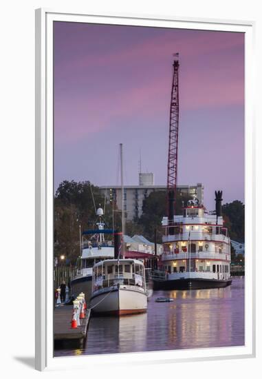 North Carolina, Wilmington, River Boats on the Cape Fear River, Dusk-Walter Bibikow-Framed Premium Photographic Print