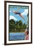 North Carolina - Woman Diving and Lake-Lantern Press-Framed Art Print