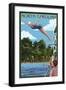 North Carolina - Woman Diving and Lake-Lantern Press-Framed Art Print