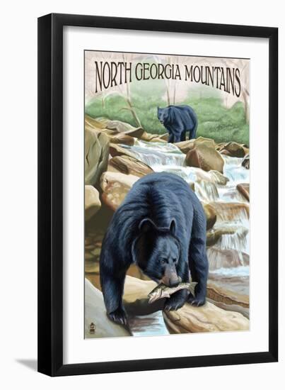 North Georgia Mountains - Black Bears Fishing-Lantern Press-Framed Art Print