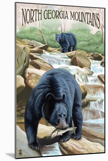 North Georgia Mountains - Black Bears Fishing-Lantern Press-Mounted Art Print