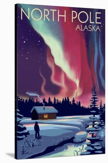 North Pole, Alaska - Northern Lights and Cabin-Lantern Press-Stretched Canvas