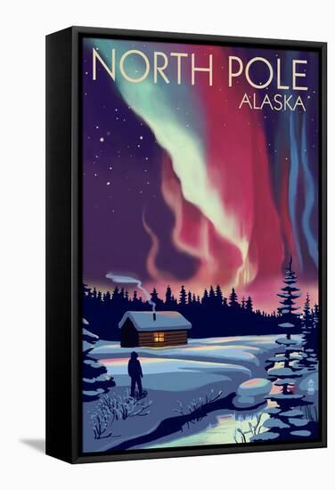 North Pole, Alaska - Northern Lights and Cabin-Lantern Press-Framed Stretched Canvas