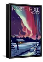 North Pole, Alaska - Northern Lights and Cabin-Lantern Press-Framed Stretched Canvas