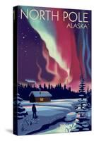 North Pole, Alaska - Northern Lights and Cabin-Lantern Press-Stretched Canvas