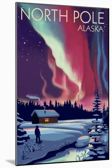 North Pole, Alaska - Northern Lights and Cabin-Lantern Press-Mounted Art Print