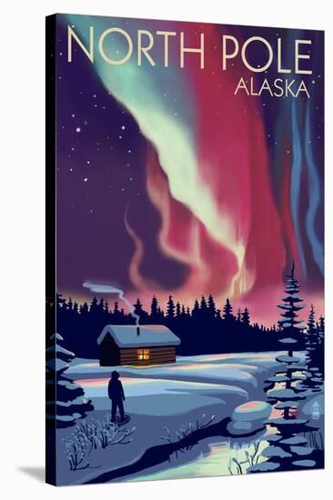 North Pole, Alaska - Northern Lights and Cabin-Lantern Press-Stretched Canvas