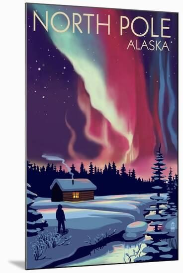 North Pole, Alaska - Northern Lights and Cabin-Lantern Press-Mounted Art Print