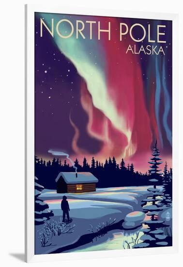 North Pole, Alaska - Northern Lights and Cabin-Lantern Press-Framed Art Print