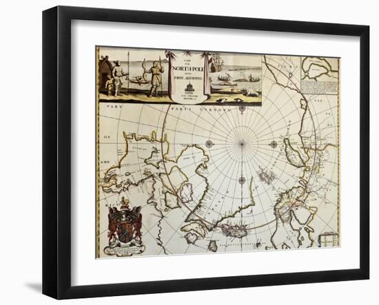 North Pole And Adjoining Lands Old Map. Created By Moses Pitt, Published In Oxford, 1680-marzolino-Framed Art Print