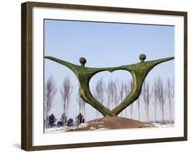 Northeast China, Harbin City, Modern Art Sculpture Statue of People Holding Hands in Heart Shape-Christian Kober-Framed Photographic Print