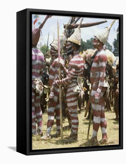 Northern Highlands Tribesmen with Striped Body Decoration, Goroka, Papua New Guinea-Ian Griffiths-Framed Stretched Canvas