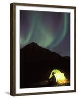 Northern Lights and Camper Outside Tent, Brooks Range, Arctic National Wildlife Refuge, Alaska, USA-Steve Kazlowski-Framed Premium Photographic Print