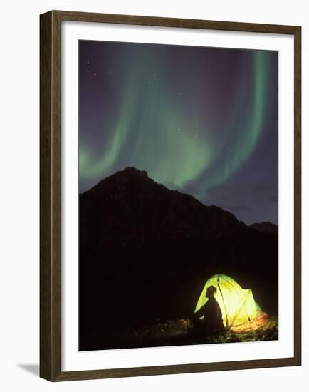 Northern Lights and Camper Outside Tent, Brooks Range, Arctic National Wildlife Refuge, Alaska, USA-Steve Kazlowski-Framed Premium Photographic Print