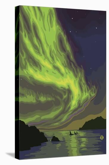 Northern Lights and Orcas-Lantern Press-Stretched Canvas