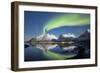 Northern lights and stars light up the snowy peaks reflected in sea, Bergsbotn, Senja, Norway-Roberto Moiola-Framed Photographic Print