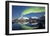 Northern lights and stars light up the snowy peaks reflected in sea, Bergsbotn, Senja, Norway-Roberto Moiola-Framed Photographic Print