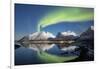 Northern lights and stars light up the snowy peaks reflected in sea, Bergsbotn, Senja, Norway-Roberto Moiola-Framed Photographic Print