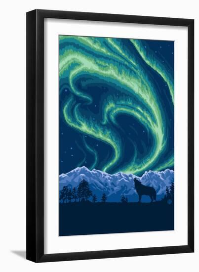Northern Lights and Wolf-Lantern Press-Framed Art Print