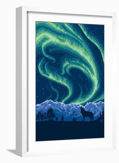 Northern Lights and Wolf-Lantern Press-Framed Art Print