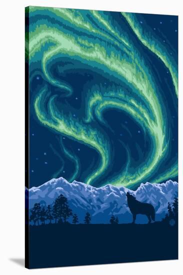 Northern Lights and Wolf-Lantern Press-Stretched Canvas