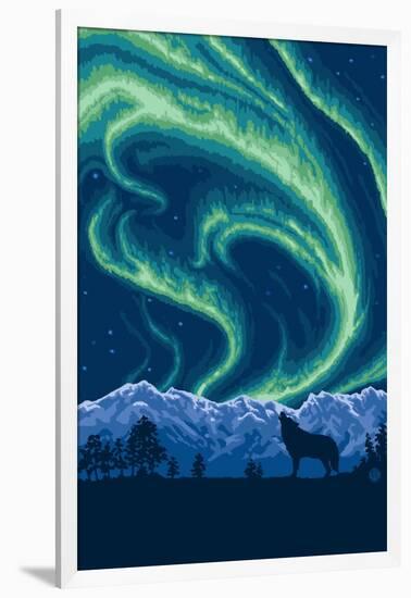 Northern Lights and Wolf-Lantern Press-Framed Art Print